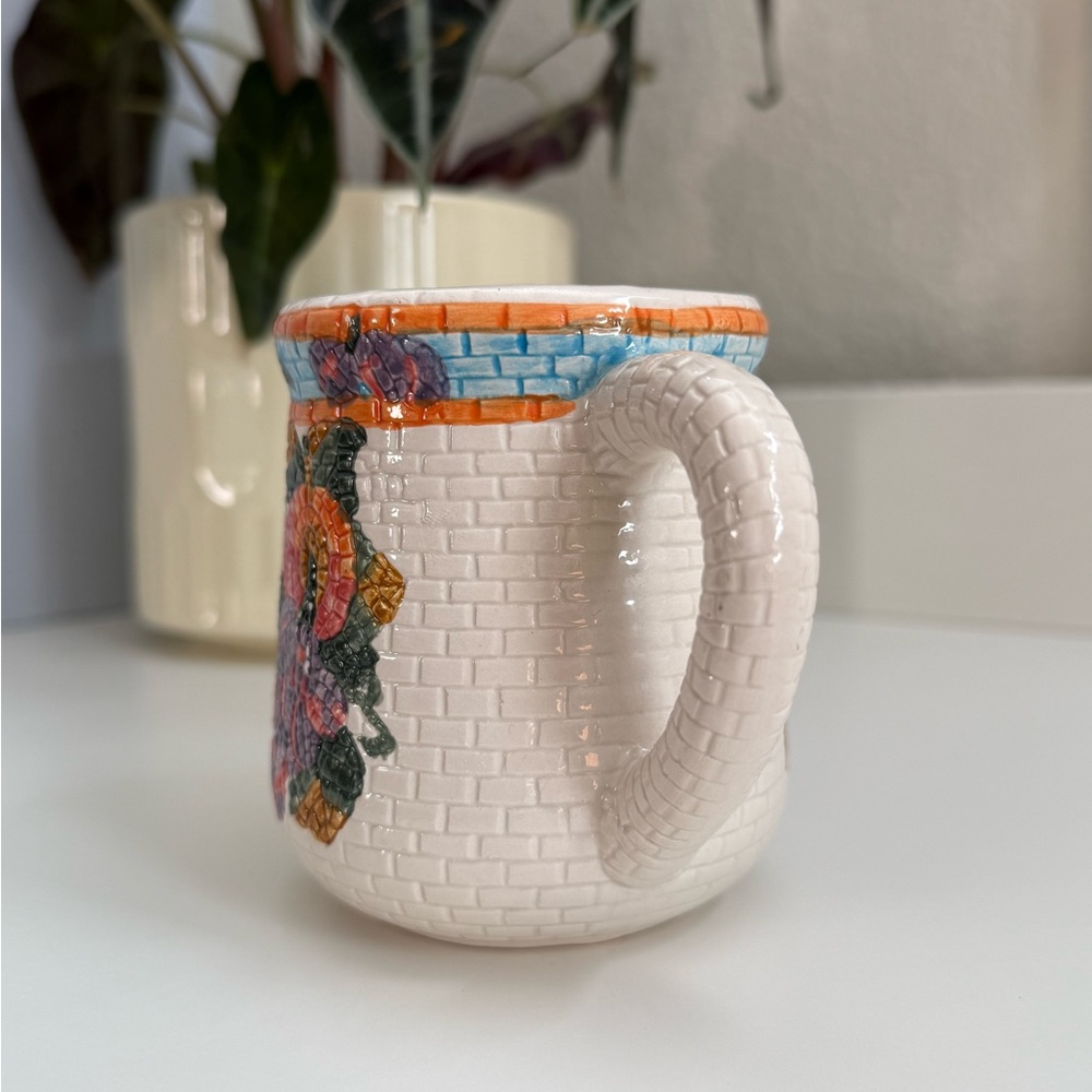 Vintage Floral Mosaic Cream Mug with Orange, Blue, Pink and Green Accents - Picture 5 of 11